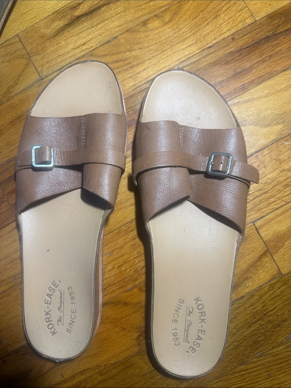 Kork-Ease Women's Tan Brown Leather Buckle Slide Sandals - Picture 3 of 3